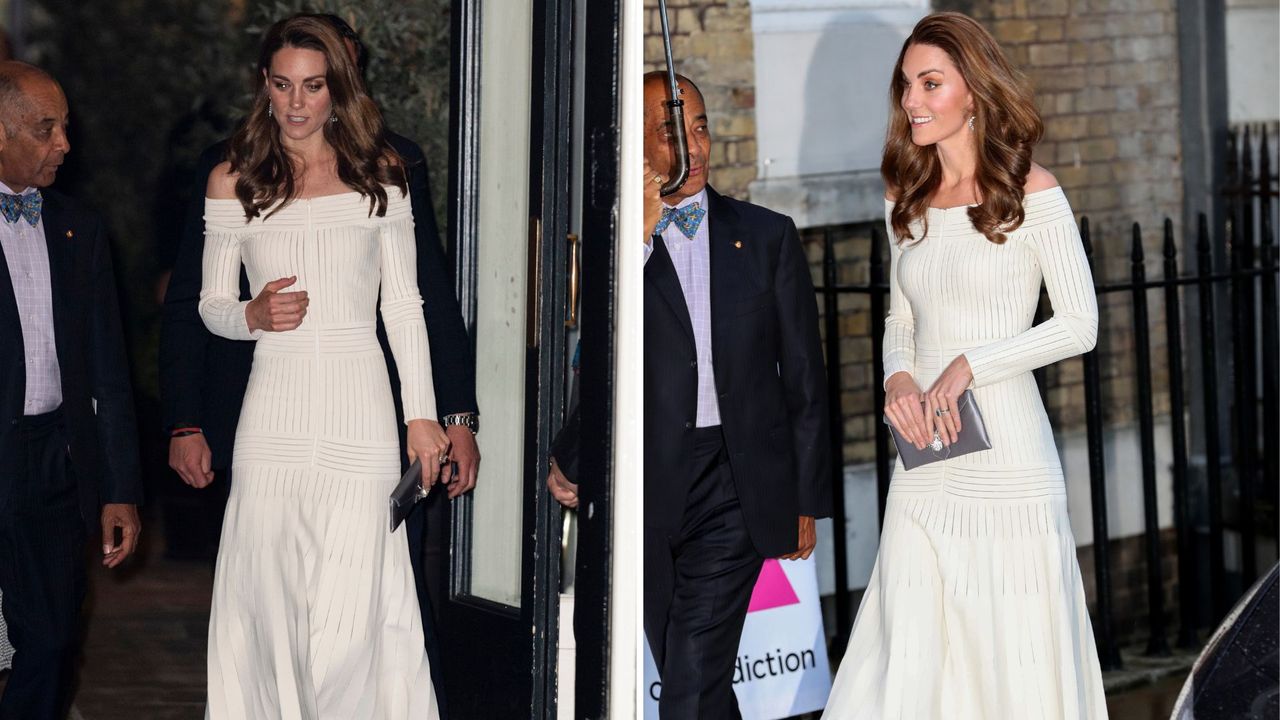 Composite of two pictures of Kate Middleton wearing a white bardot knitted dress in 2019 at the first annual gala dinner in recognition of Addiction Awareness Week