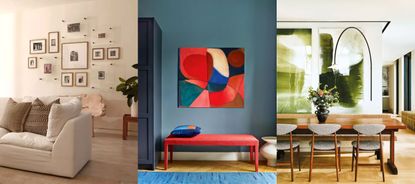 How many pictures should you hang on a wall? Living room with photo gallery wall. Blue entryway with red artwork and bench. Open-plan dining room with green abstract artwork