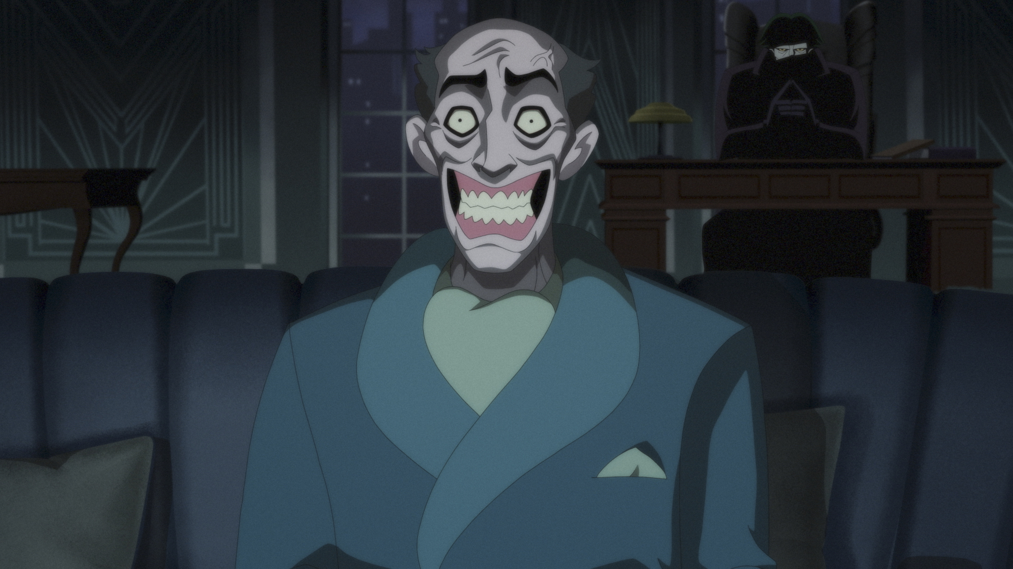 The Joker stares at one of his victims on Batman: Caped Crusader.