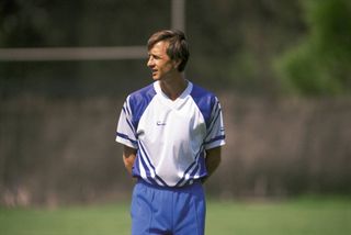 Johan Cruyff during a training session in his time as Barcelona coach.