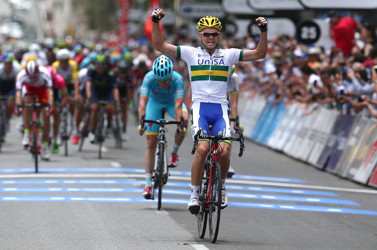 Riding for the wildcard UniSA team, Jack Bobridge pulled of an upset victory as he won the sprint from the breakaway on stage 1