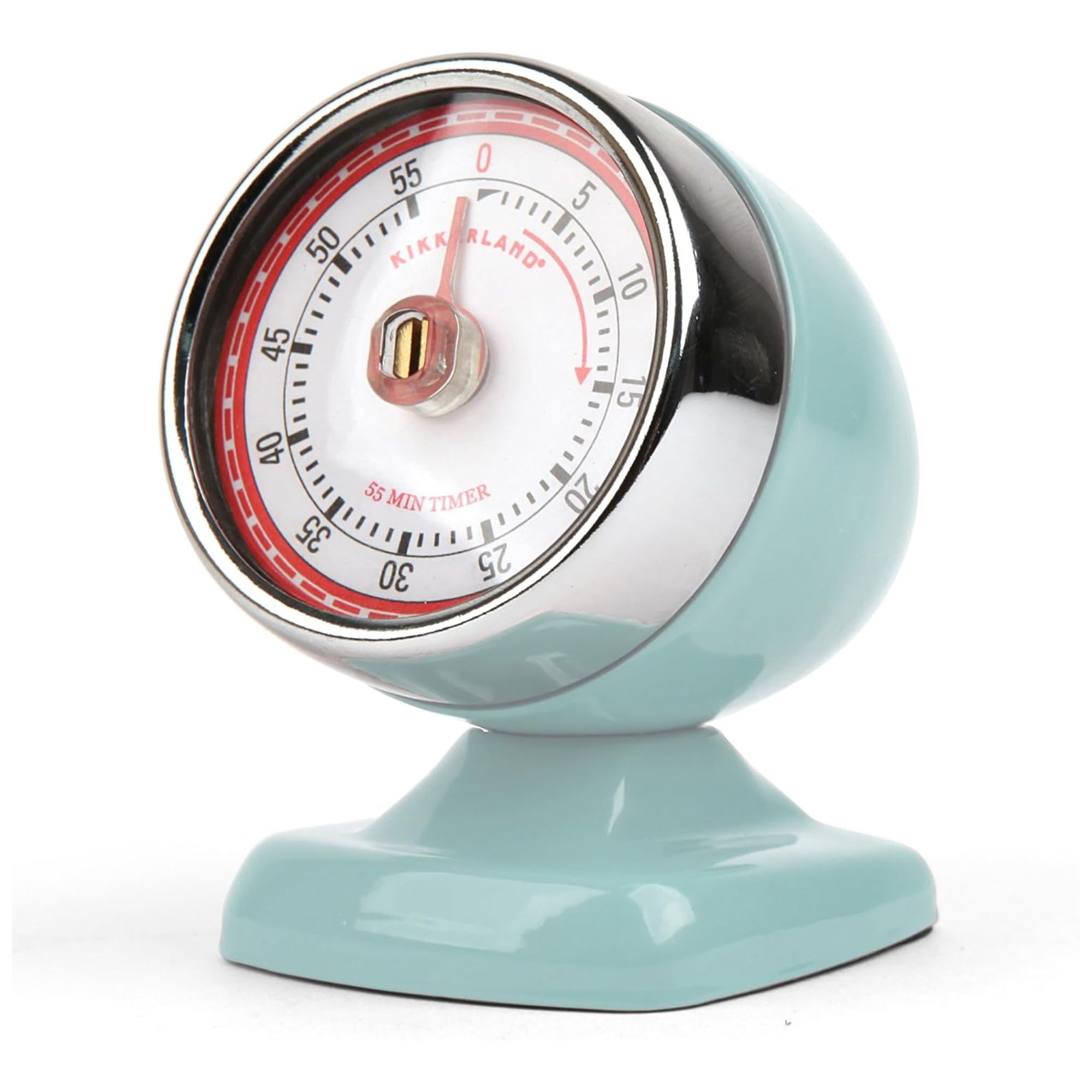 A blue circular vintage look kitchen timer