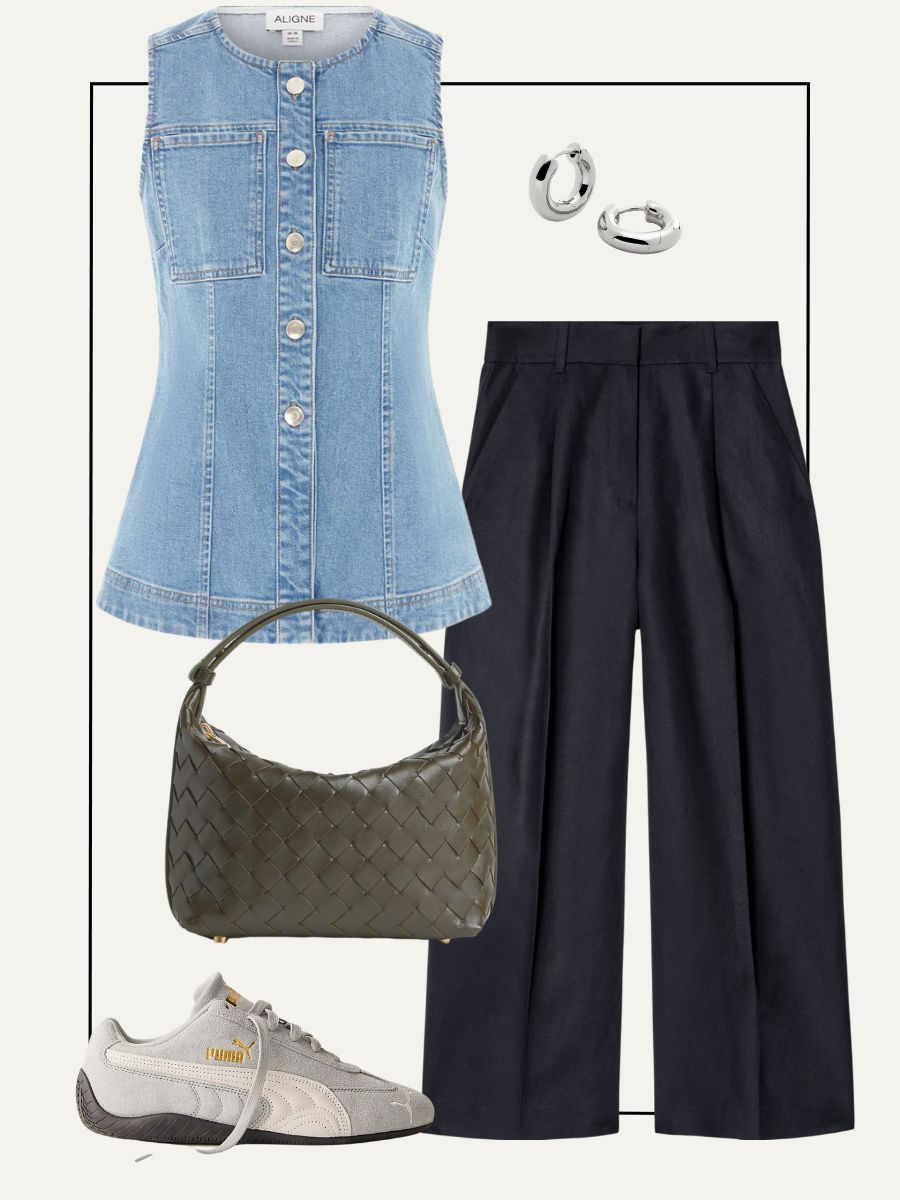 COS linen trousers, Aligne waistcoat, Puma trainers, Bottega Veneta bag, Monica Vinader earrings