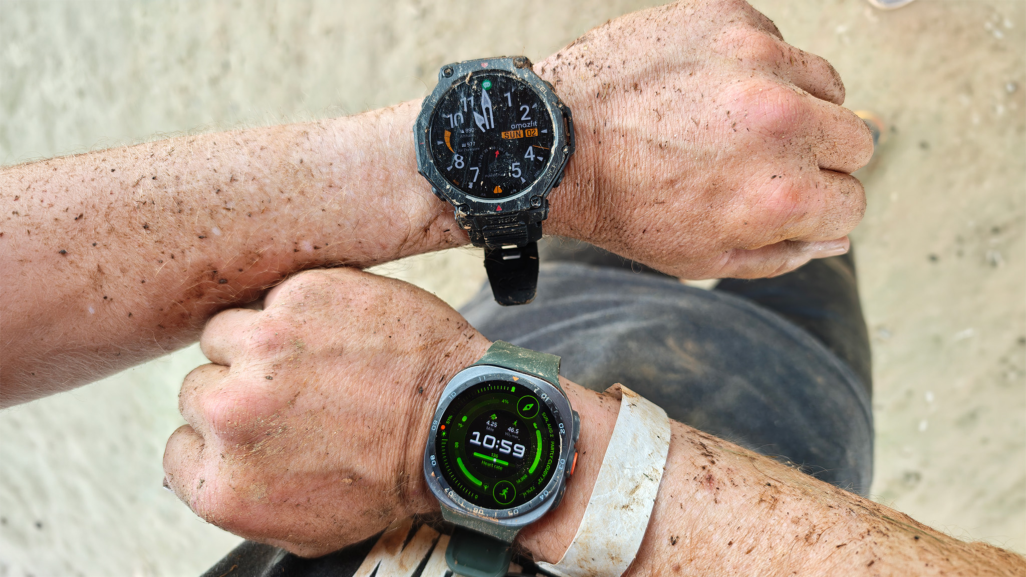 Wearing an Amazfit T-Rex 3 Pro and a Samsung Galaxy Watch Ultra 2 during a Spartan Race