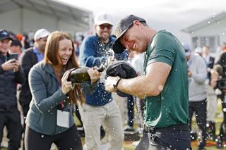 Max Greyserman is serenaded in champagne after qualifying for the PGA Tour