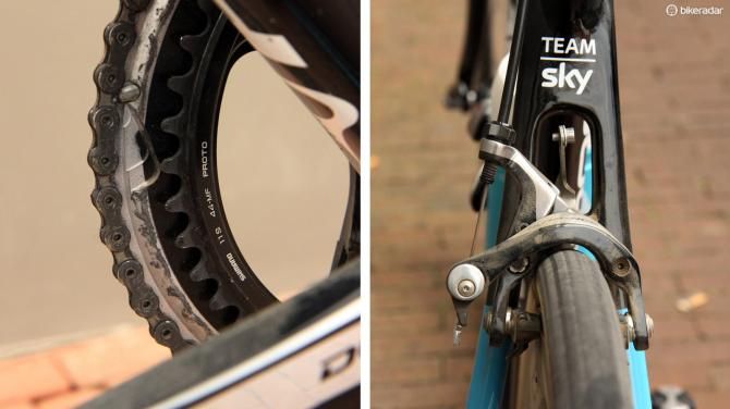 Shimano provided sponsored teams with properly matched chainrings for the flat course profile. The modified pivot geometry on Shimano's latest Dura-Ace calipers makes for a very tight fit for the big tubular tires