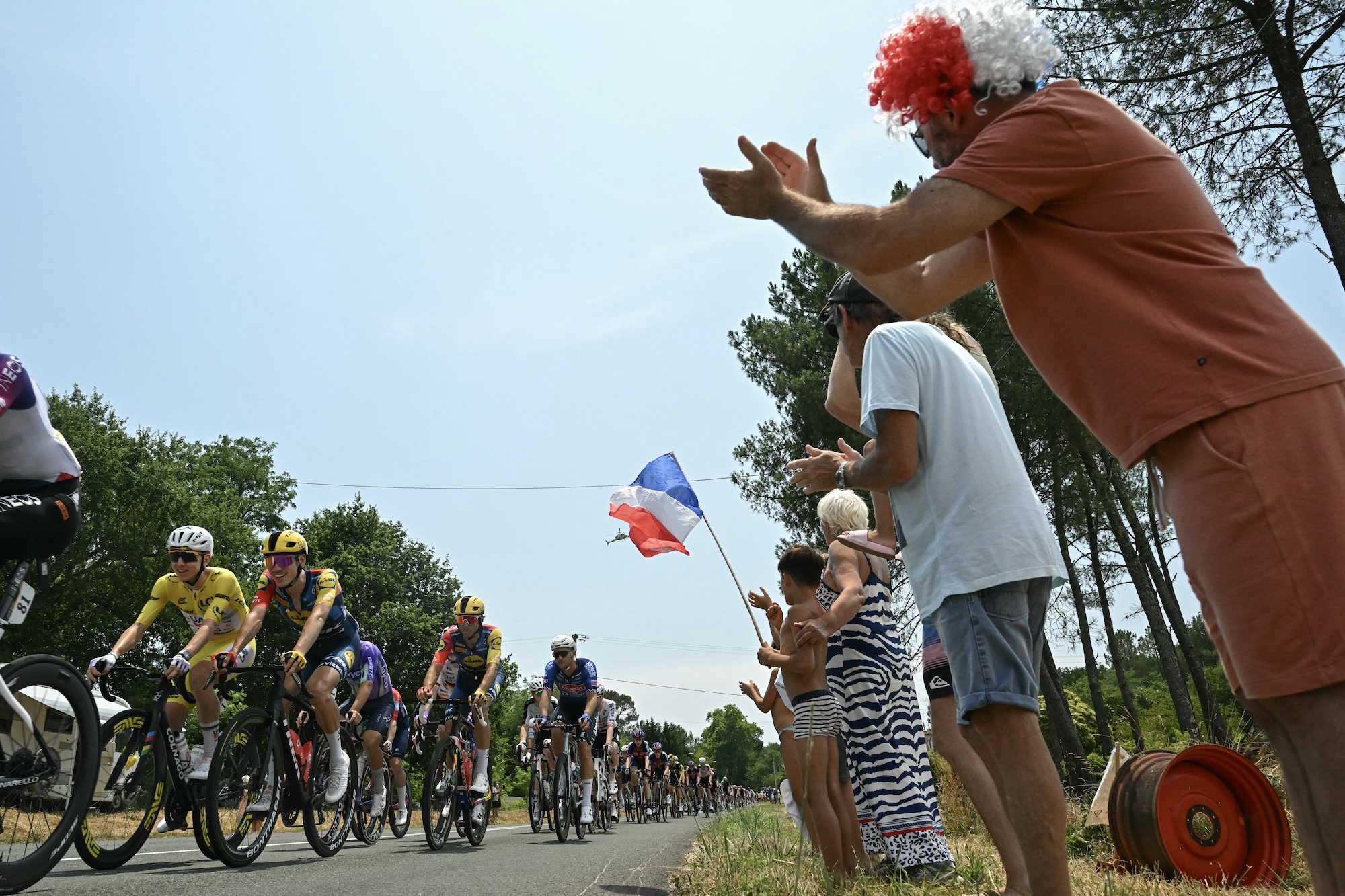UAE Team Emirates - XRG's Slovenian rider Tadej Pogacar wearing the overall leader's yellow jersey rides from stage 7 start in Hagetmau