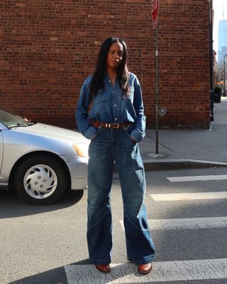 Sierra Mayhew, Who What Wear fashion editor, wearing denim set.