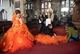 Coronation Street BTS - cast preparing Gemma Winter's orange wedding dress train