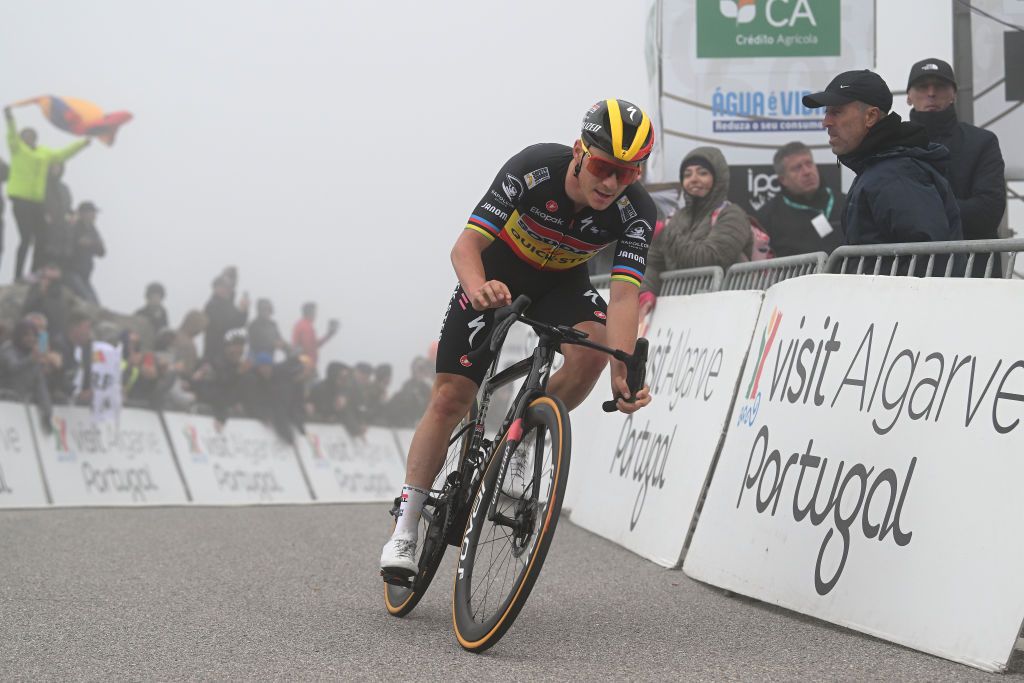 ALTODAFOIA PORTUGAL FEBRUARY 15 Remco Evenepoel of Belgium and Team Soudal Quick Step crosses the finish line as second place winner during the 50th Volta ao Algarve em Bicicleta 2024 Stage 2 a 1719km stage from Lagoa to Alto da Foia 888m on February 15 2024 in Alto da Foia Portugal Photo by Dario BelingheriGetty Images