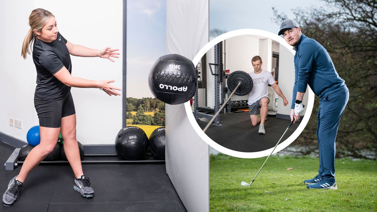 Three fitness images, with a male participant playing golf, a female participant throwing a medicine ball and Jamie Greaves performing a lift in the gym