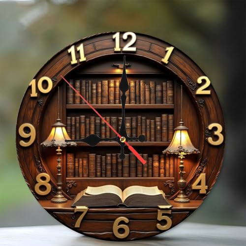 Semary Antique Bookcase Library Clock Wall Clock Vintage Style Home Decor12-Inch Wooden Wall Clock, Silent Movement, Perfect for Living Room Bedroom Bathroom Home Decor