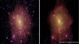 two side-by-side images. the left image shows a yellow point at the center and lots of purple/pink stars speckled across the background. The image on the right shows a yellow point at the center but with more diffuse and hazey pink/purple stars and more dust.