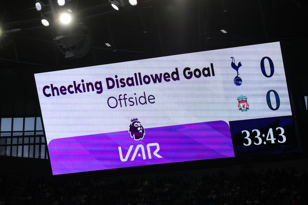 he LED board shows the decision to award Curtis Jones of Liverpool (not pictured) a red card during the Premier League match between Tottenham Hotspur and Liverpool FC at Tottenham Hotspur Stadium on September 30, 2023 in London, England