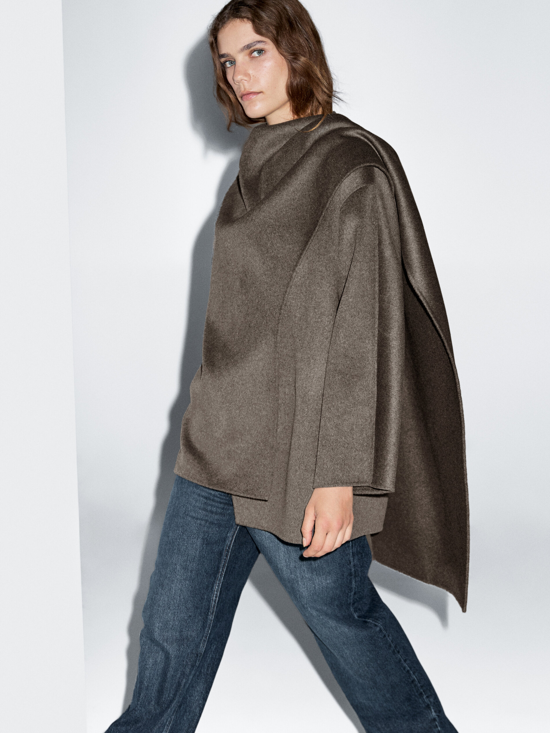 Mid-Length Wool Blend Coat With Scarf