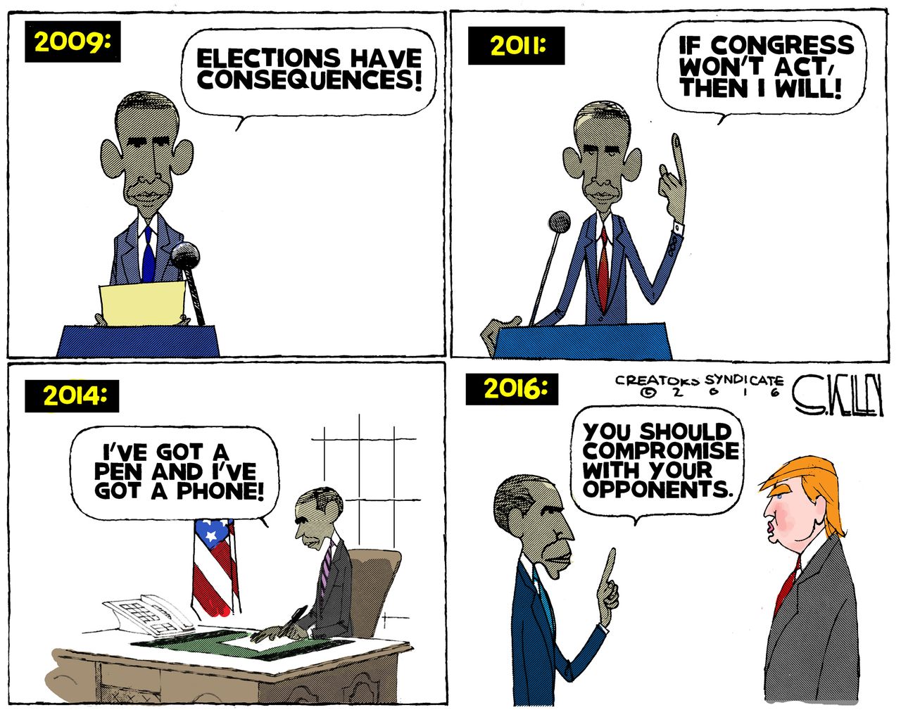 Obama cartoon U.S. President Obama actions Donald Trump compromise