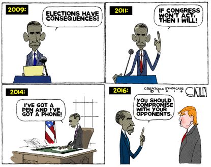 Obama cartoon U.S. President Obama actions Donald Trump compromise