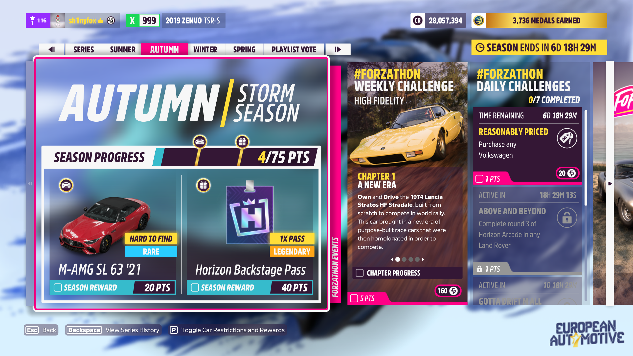 A screenshot of the Autumn season Festival Playlist in Forza Horizon 5 showing the Mercedes-AMG SL 63 reward car.