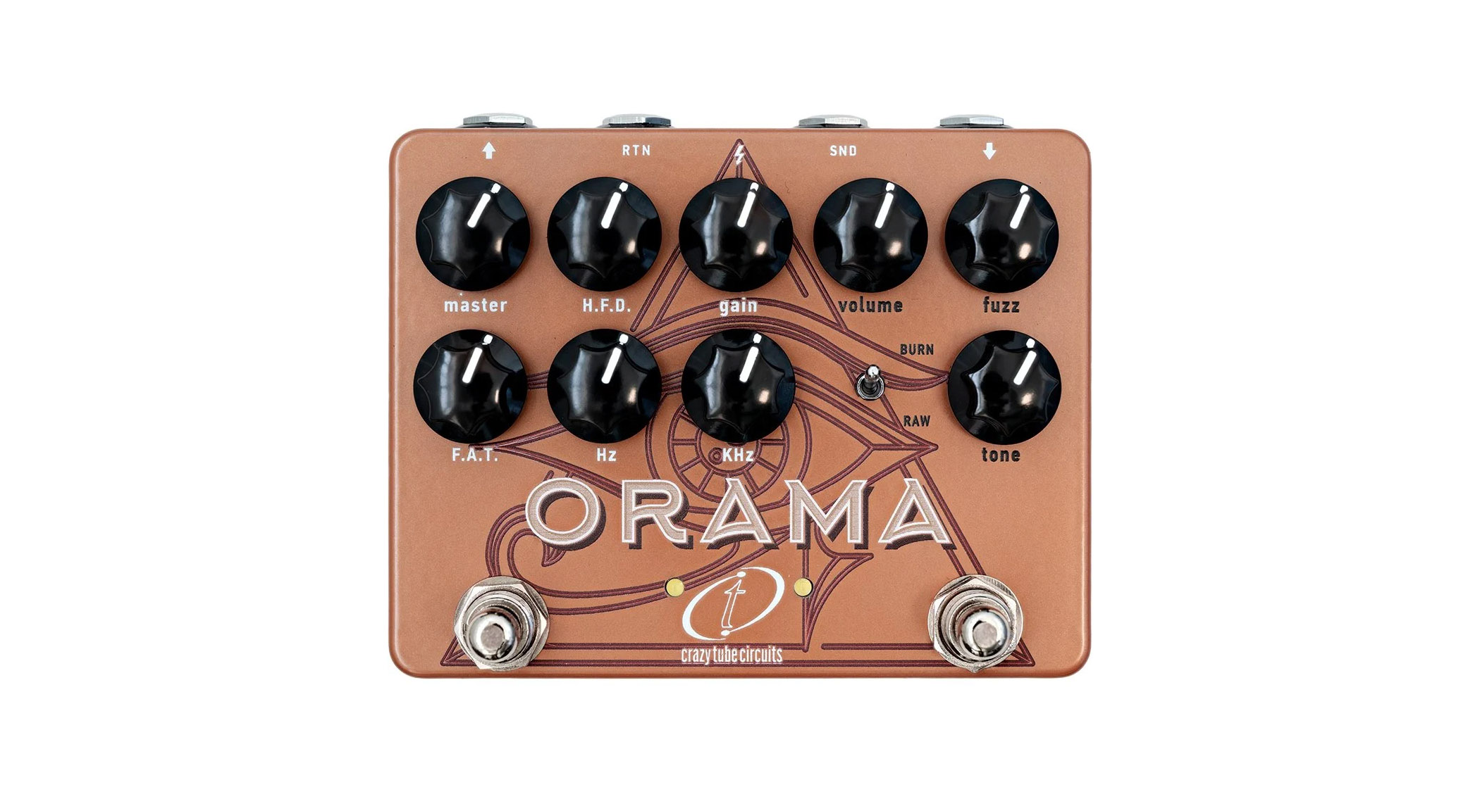 Crazy Tube Circuits Orama: the orange/peach coloured pedal combines classic preamp and fuzz circuits and promises a wide range of sounds