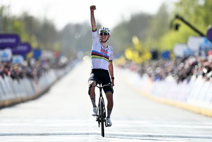 OUDENAARDE, BELGIUM - APRIL 05: Tadej Pogacar of Slovenia and UAE Team Emirates - XRG celebrates at finish line as race winner during the 110th Tour of Flanders - Ronde van Vlaanderen 2026 - Men's Elite a 278.6km one day race from Antwerp to Oudenaarde / #UCIWT / on April 05, 2026 in Oudenaarde, Belgium. (Photo by Dario Belingheri/Getty Images)