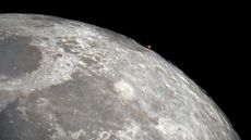 a photograph of Mars rising behind the moon