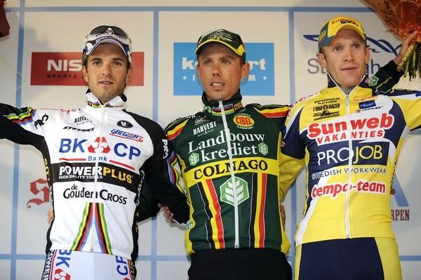 Niels Albert (2nd), Sven Nys (1st) and Klaas Vantornout (3rd) on the podium.