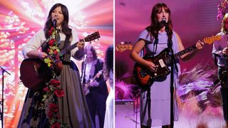 Lucy Dacus performs with a small-bodied Martin acoustic at a mic stand draped with flowers. On the right, Madison Cunningham plays her Fender Jazzmaster on a purple TV stage set.