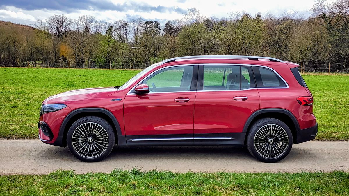 Side view of Mercedes EQB parked on a country lane
