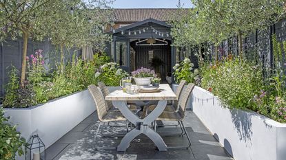 Small patio with raised beds built down either side