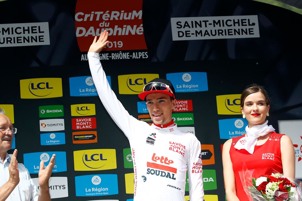 Bjorg Lambrecht (Lotto Soudal) in white after stage 6 at Criterium du Dauphine