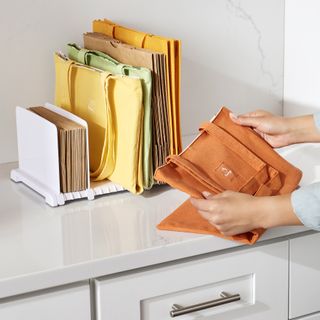 A plastic bag organizer with compartments for holding bags upright