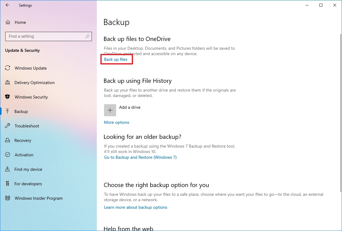 OneDrive file backup settings