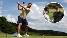 Main image of Harry Kane hitting driver during a Euro 2024 media session - inset image of Kane and Rick Shiels reacting to his near ace