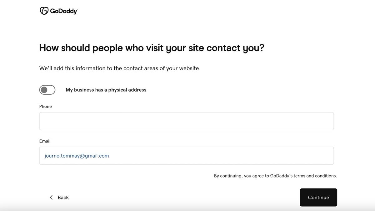 Screengrab of questions in the GoDaddy Web Builder interface
