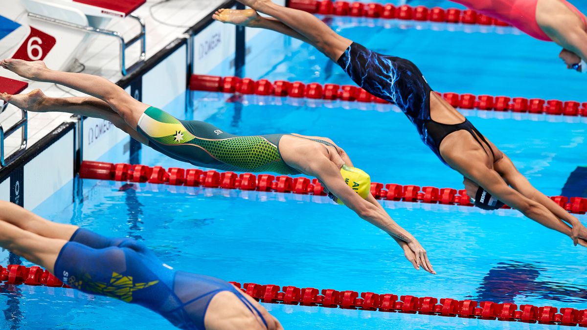 Swimmers compete in the Women&#039;s 100m Individual butterfly semfinal on day two of the Tokyo 2020 Olympic Games at Tokyo Aquatics Centre on July 25, 2021 in Tokyo, Japan.