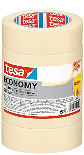 Tesa Masking Tape Economy Ecologo - Painters Tape, 4 Days Residue-Free Removal, Without Solvent - Narrow, 5x 50 M X 30 Mm