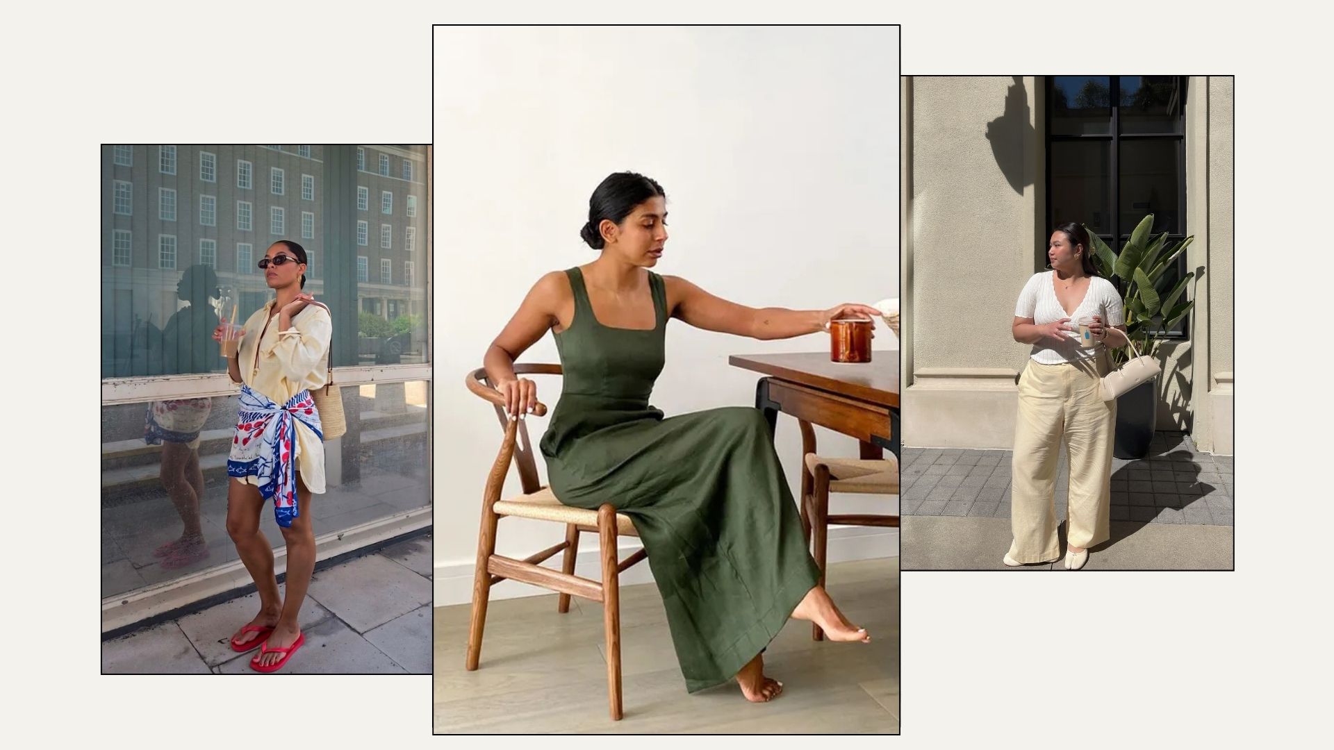 Woman wears yellow linen shirt; woman wears green linen dress; woman wears yellow linen trousers