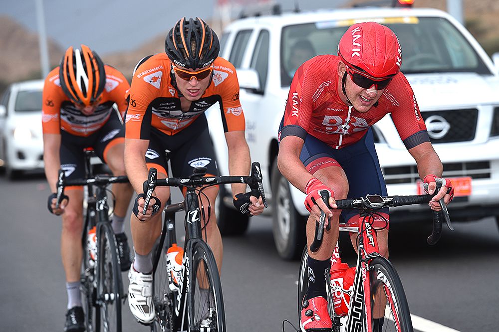 Escapees Jordan Kerby, Brian Van Goethem and Ivar Slik during stage 2 in Oman.
