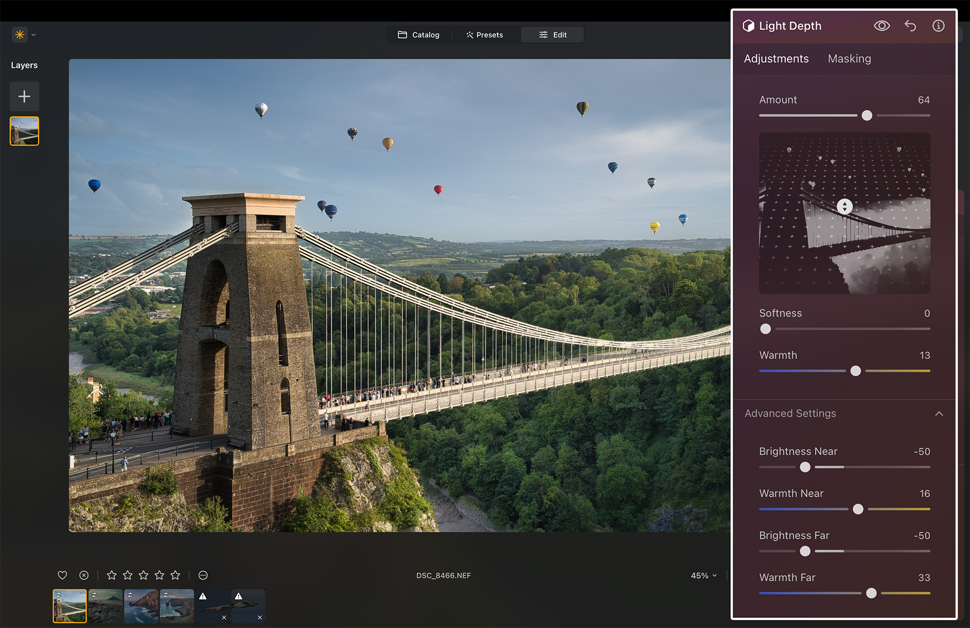 Screenshot from Luminar Neo showing suspension bridge