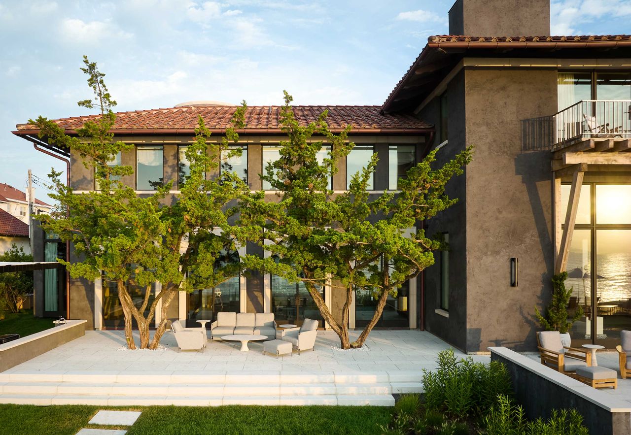 an exterior of a home with black stucco