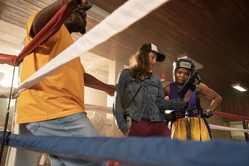 Brian Tyree Henry, Rachel Morrison and Ryan Destiny on set of The Fire Inside