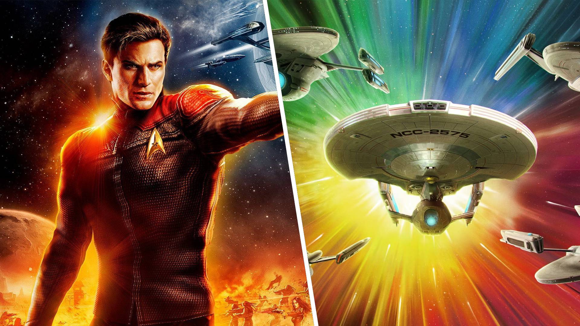 Star Trek Online split image with a Federation captain on the left and some ships on the right