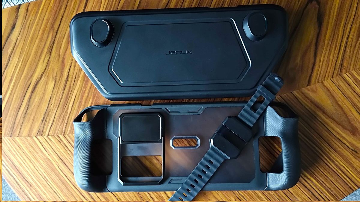 Jsaux ModCase front and back shell on table next to accessory strap