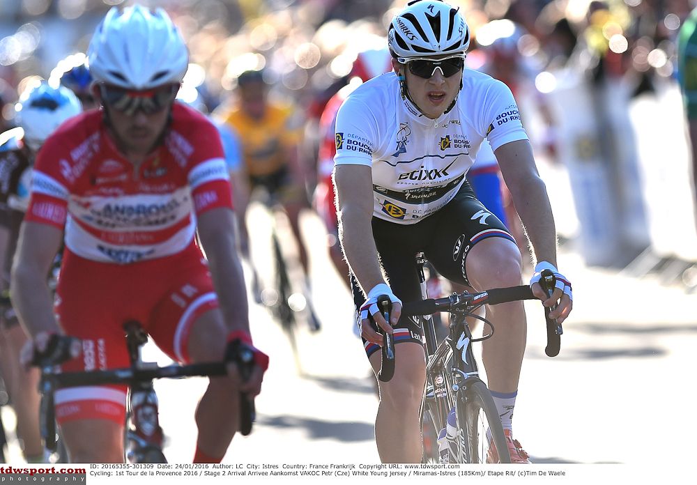 Best young rider Petr Vakoc crosses the finish line