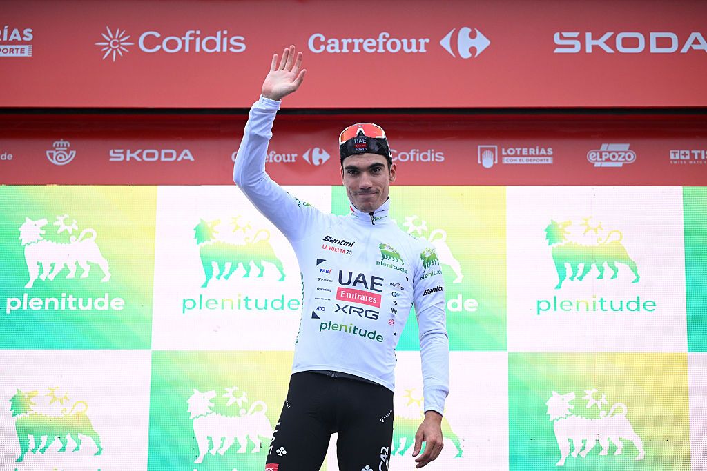 LIMONE PIEMONTE, ITALY - AUGUST 24: Juan Ayuso of Spain and UAE Team Emirates - XRG celebrates at podium as White best young jersey winner during the La Vuelta - 80th Tour of Spain 2025, Stage 2 a 159.5km stage from Alba to Limone Piemonte 1389m / #UCIWT / on August 24, 2025 in Limone Piemonte, Italy.