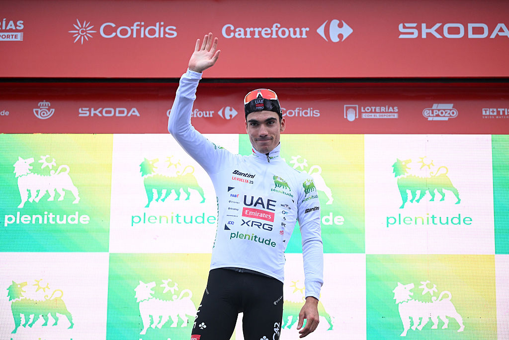 LIMONE PIEMONTE, ITALY - AUGUST 24: Juan Ayuso of Spain and UAE Team Emirates - XRG celebrates at podium as White best young jersey winner during the La Vuelta - 80th Tour of Spain 2025, Stage 2 a 159.5km stage from Alba to Limone Piemonte 1389m / #UCIWT / on August 24, 2025 in Limone Piemonte, Italy.