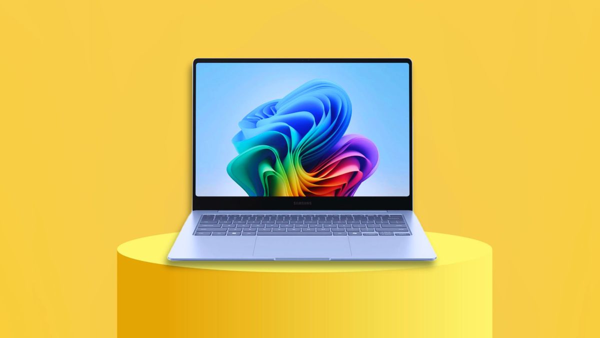 The Samsung Galaxy Book4 Edge on a podium in front of a yellow background