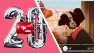 A 20th birthday logo for YouTube next to a TV showing an anime video on YouTube