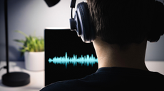 Producer at a computer with a sound wave on a screen.