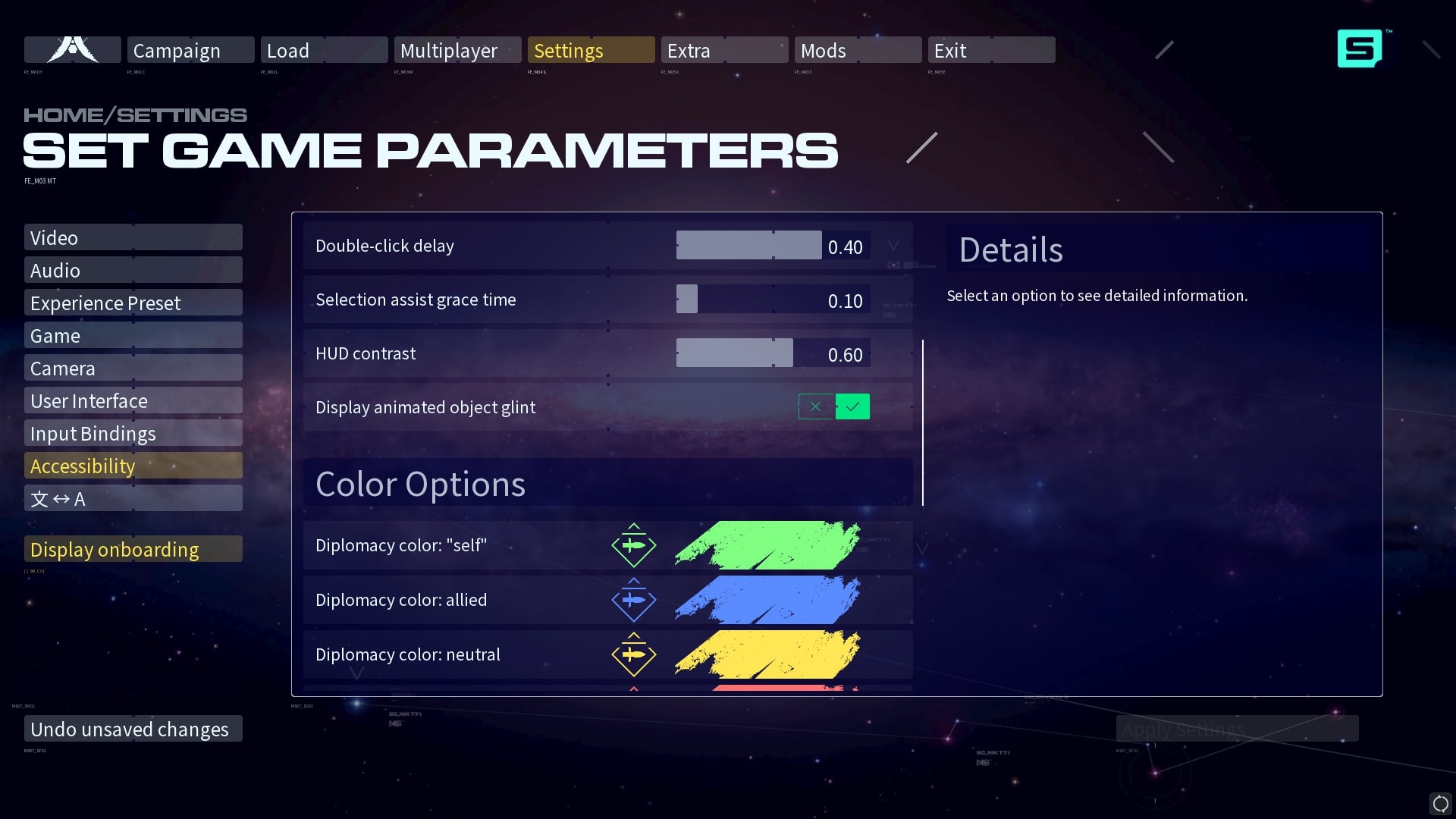 A second screenshow showing the accessibility menu in Homeworld 3.